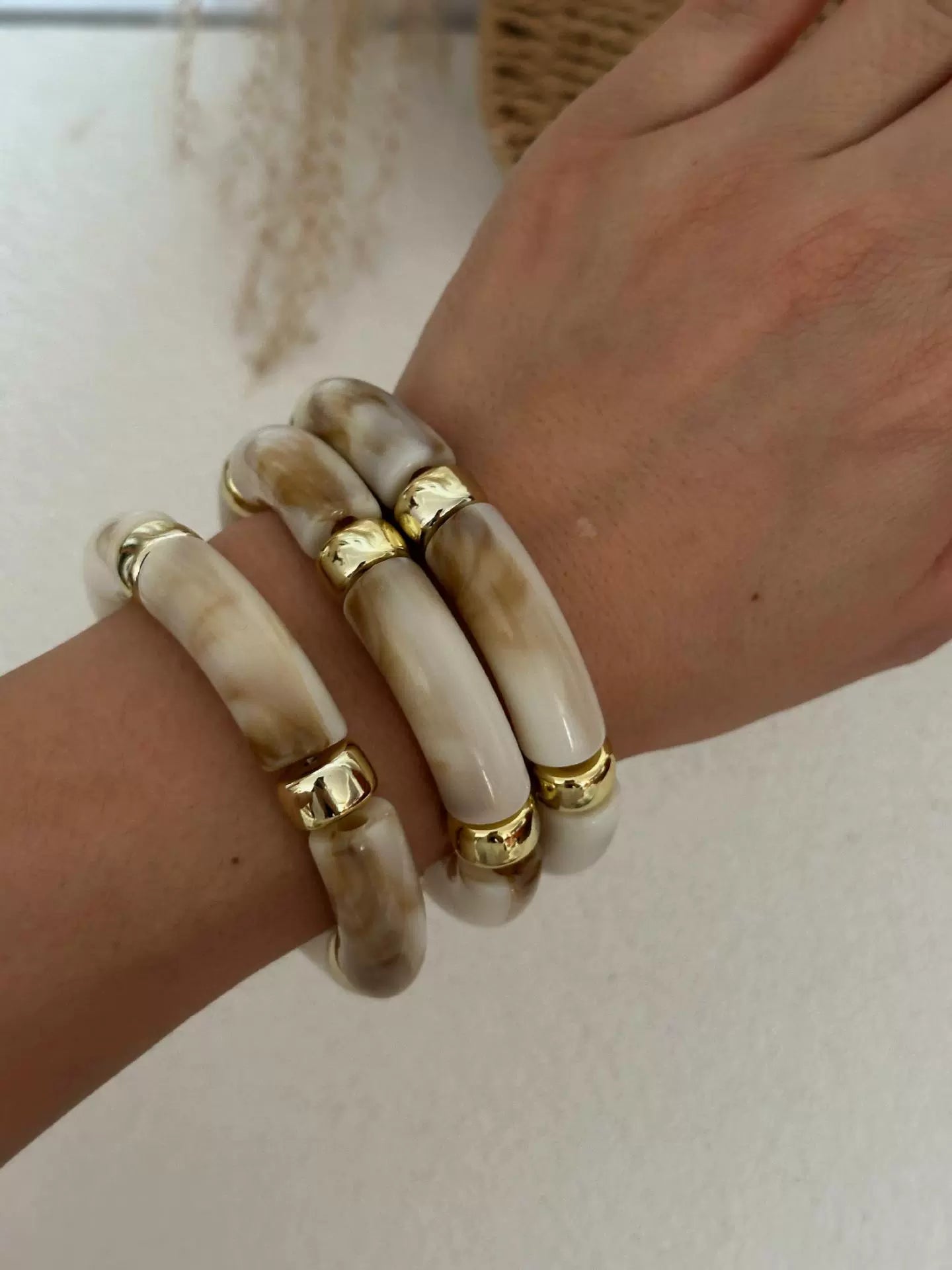 Just Lil Things Beige Marble Resin Bracelet Set – Gold Accent Segment Design JLTB0905
