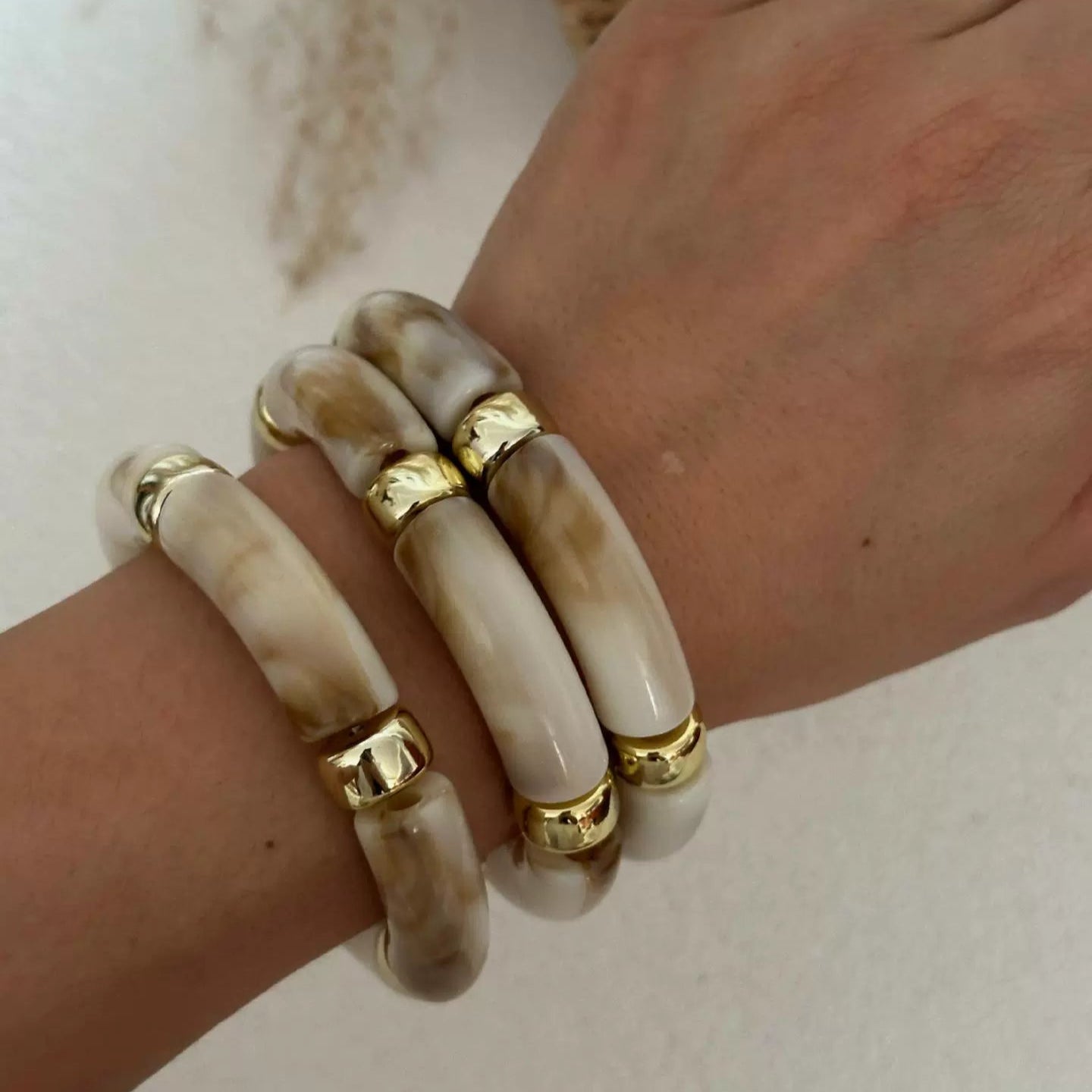 Just Lil Things Beige Marble Resin Bracelet Set – Gold Accent Segment Design JLTB0905 - Pack Of 3