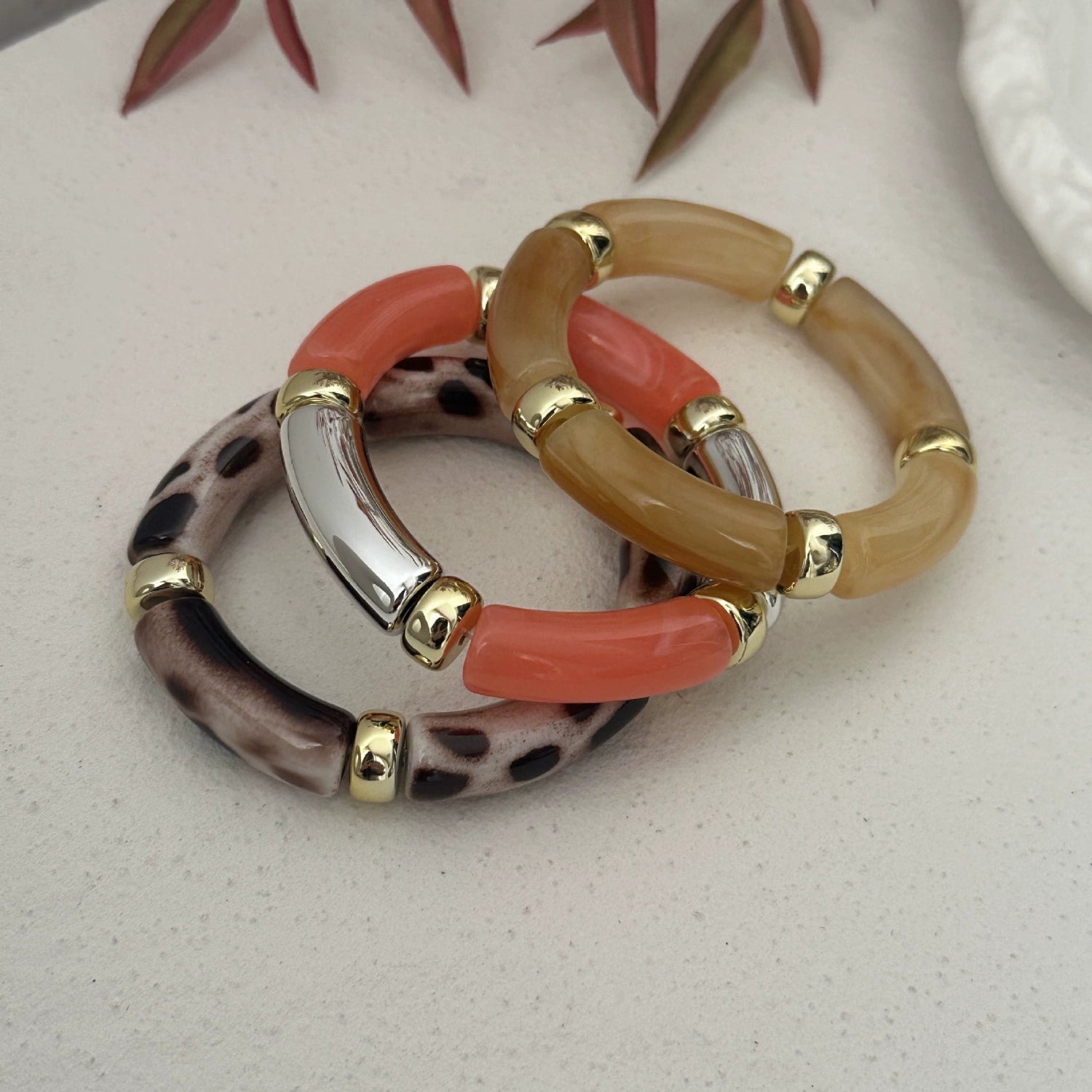 Just Lil Things Mixed Pattern Resin Bracelet Set – Gold Accent Segment Design JLTB0907 - Pack Of 3