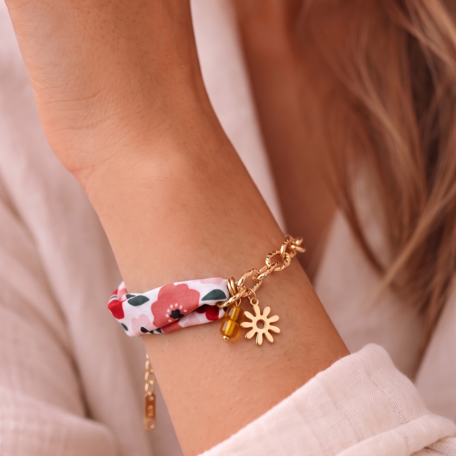 Just Lil Things Sunset Bloom Fabric & Chain Charm Bracelet JLTB0963