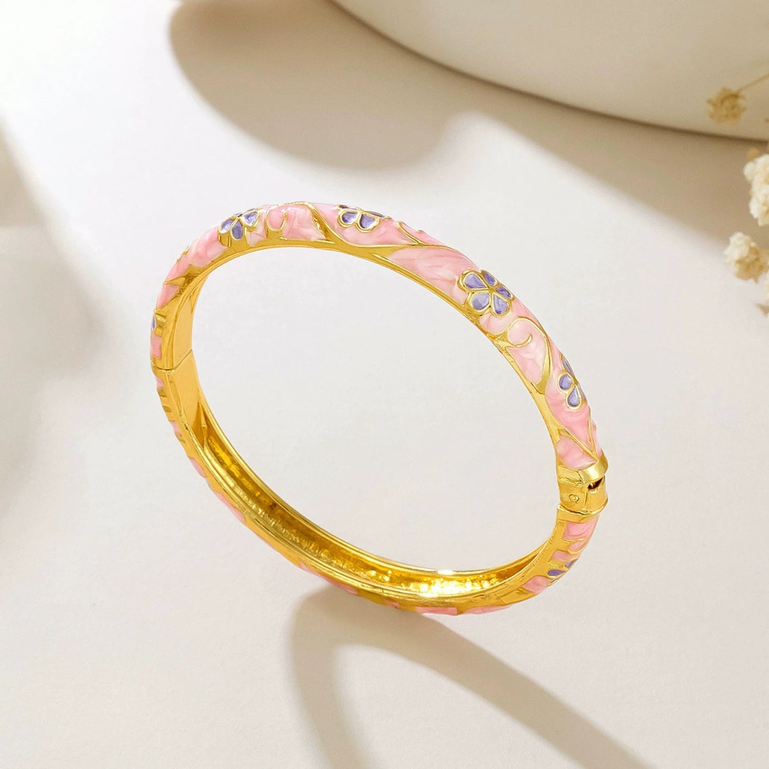 Pink Floral Enamel Hinged Bangle JLTB1017