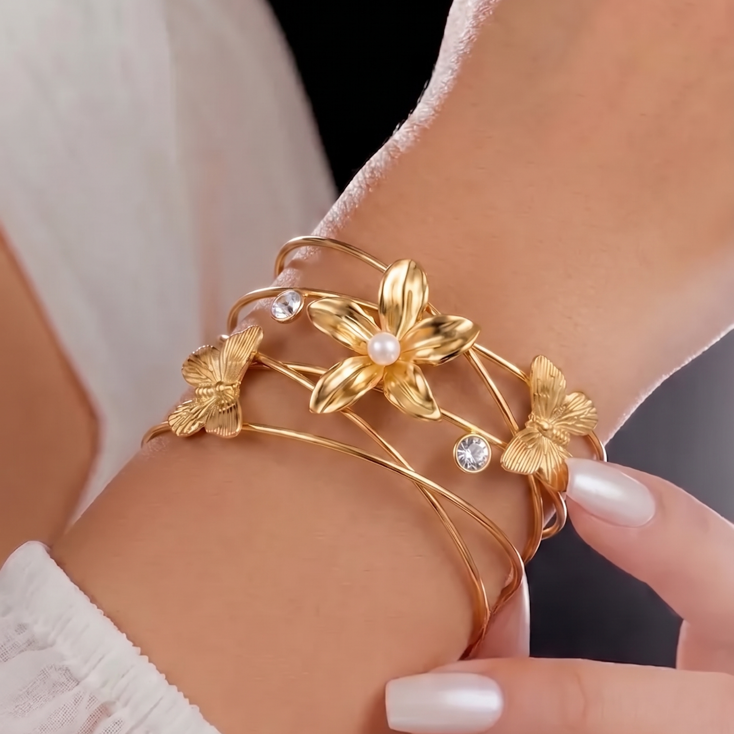 Whimsical Gold Butterfly Flower Cuff JLTB1023