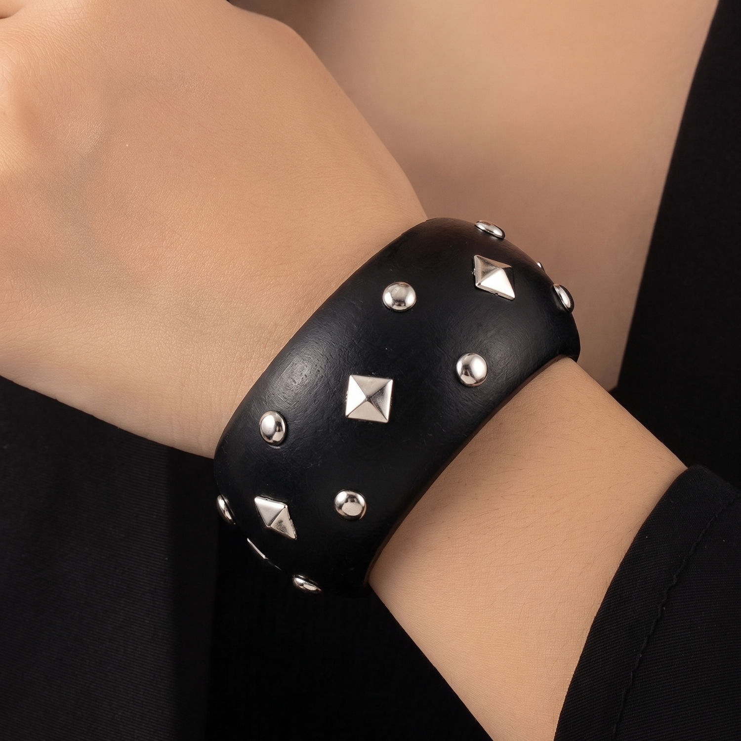 Black Studded Wooden Bangle Bracelet JLTB1093