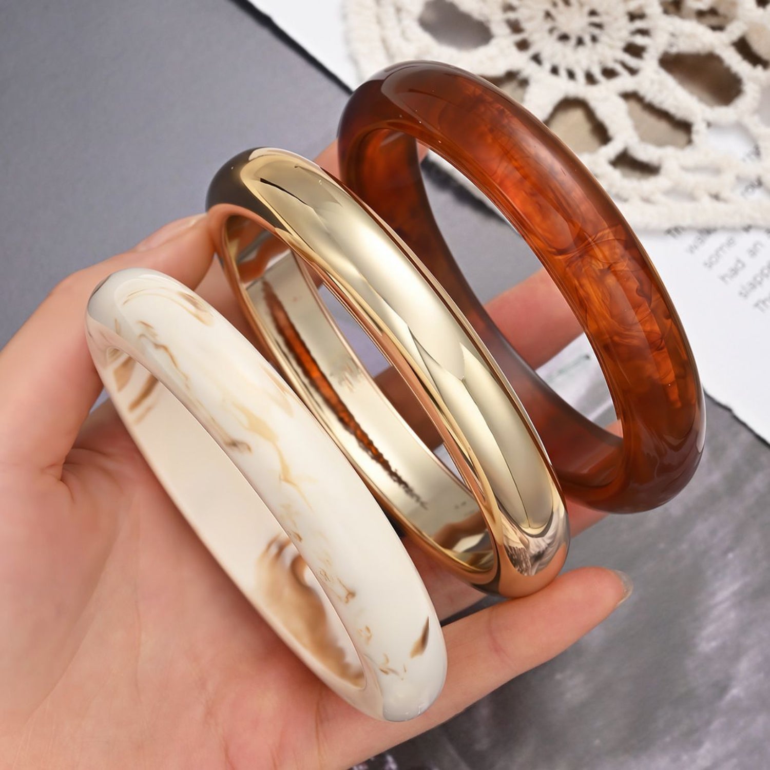 Elegant Ivory, Gold & Amber Resin Bangle Set JLTB1136