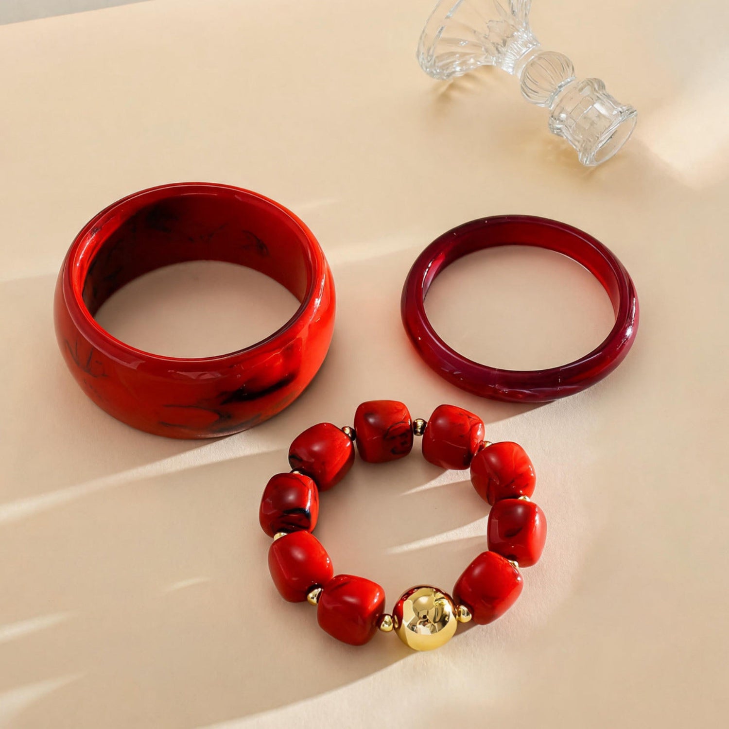 Red Chunky Round Bracelet Set Of 3 JLTB1188