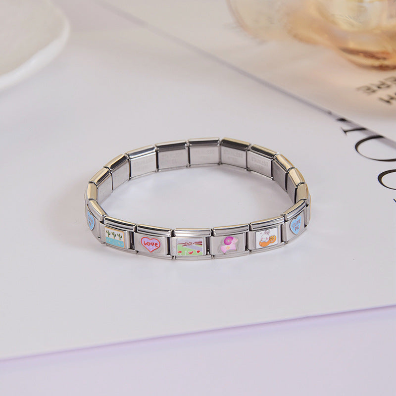 Silver Pink-Heart Link Charm Bracelet JLTB1255