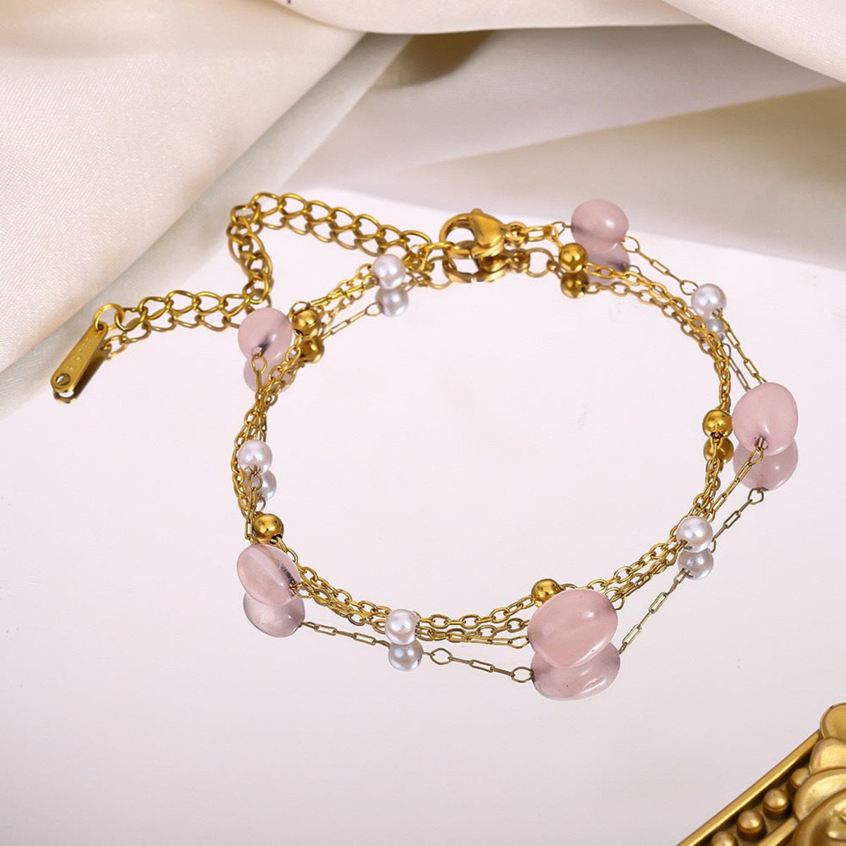 Gold Pink Bead Double-Layer Bracelet JLTB1270