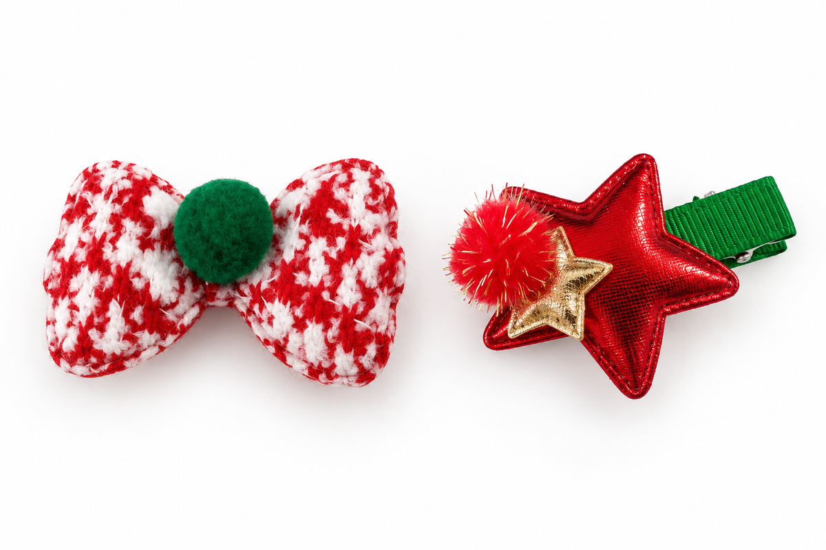 Plaid Christmas Bow & Metallic Star Hair Clip Pack-2 JLTC0156