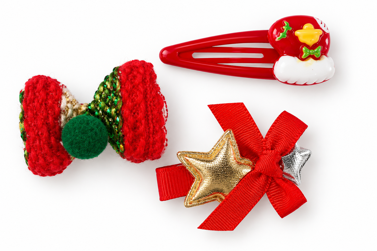 Crocheted Christmas Tree Bow & Gold Star Ribbon Clip Pack-2 JLTC0159