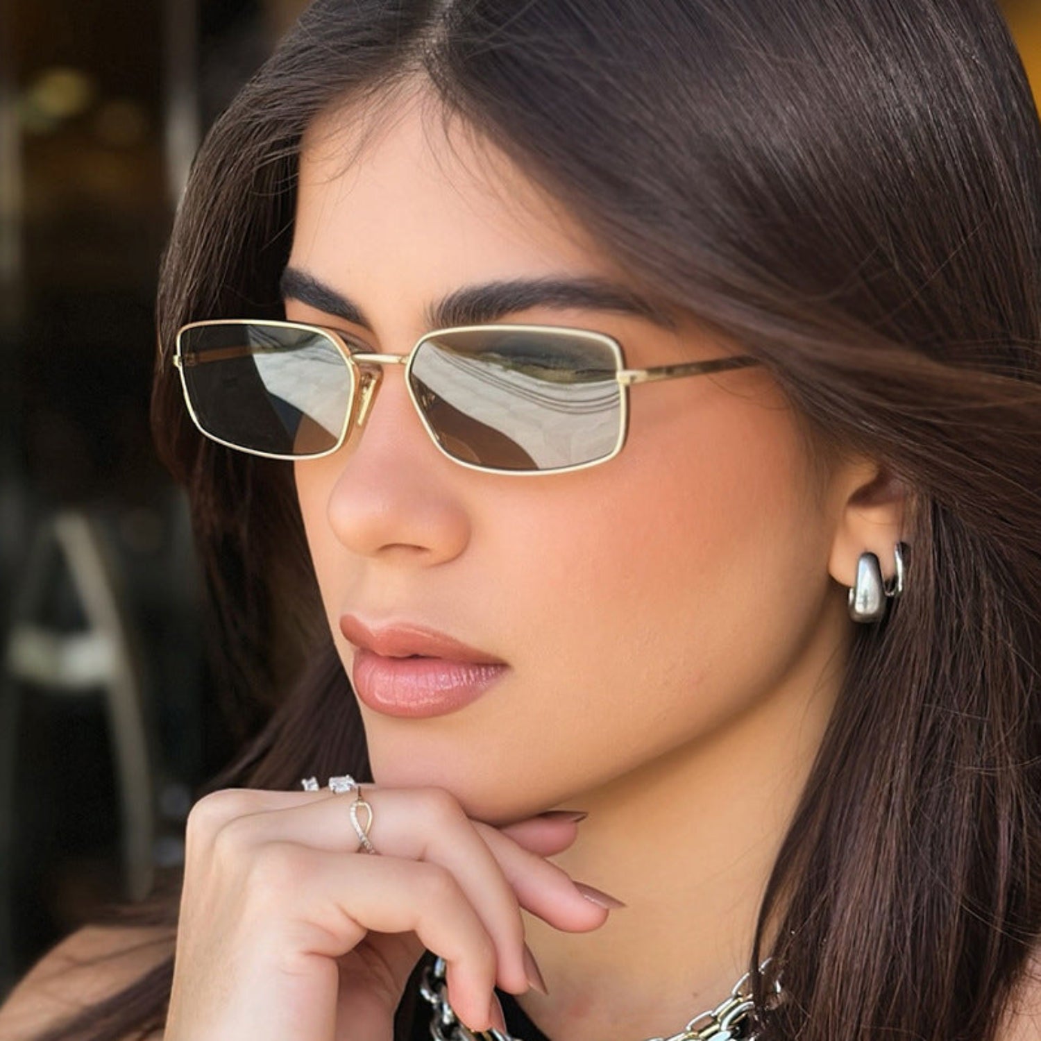 Gold Rectangular Frame Brown Sunglasses JLTG0294