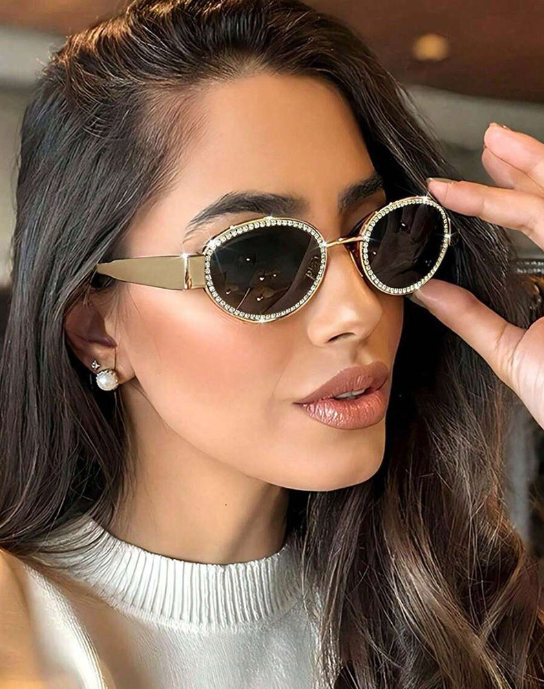 Crystal Studded Gold Oval Black Sunglasses JLTG0339
