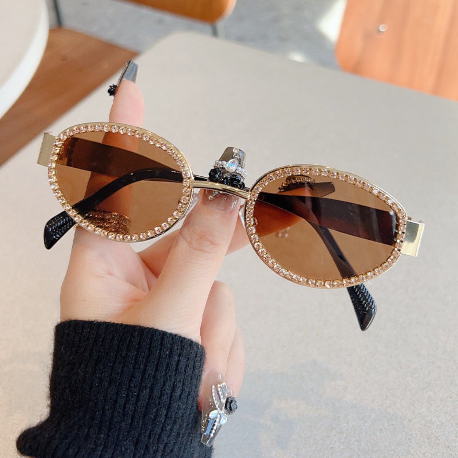 Crystal Studded Gold Oval Brown Sunglasses JLTG0340