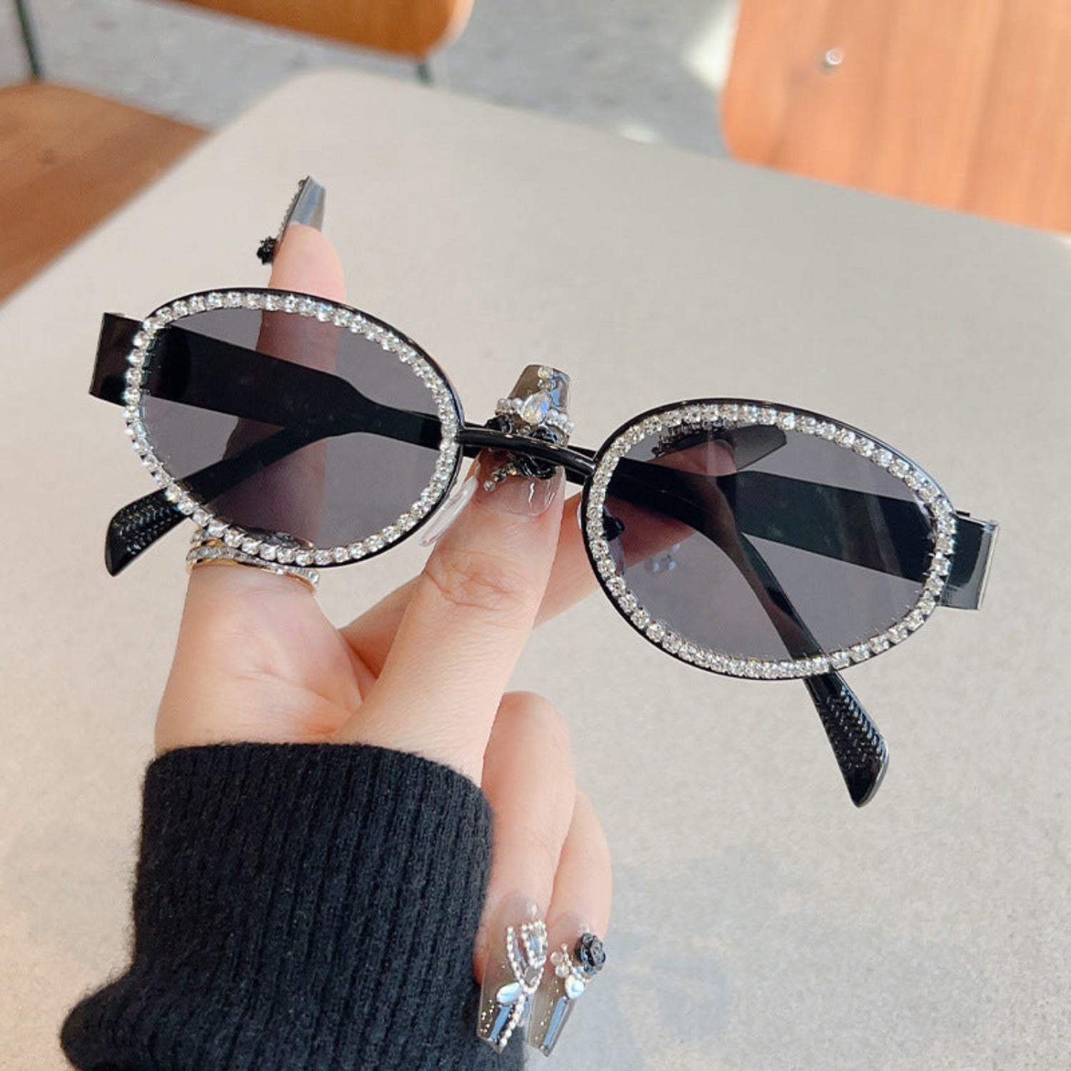 Crystal Studded Silver Oval Black Sunglasses JLTG0341