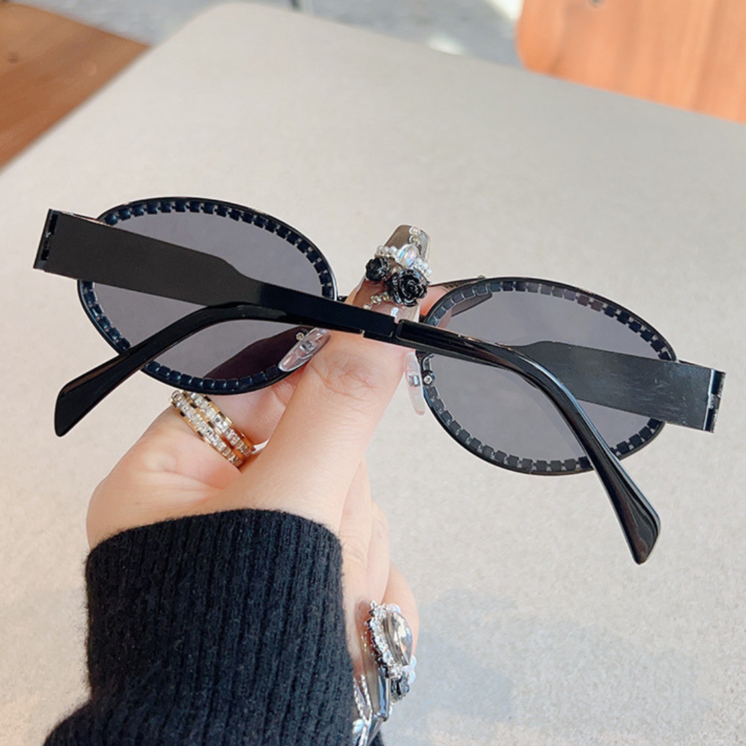 Crystal Studded Silver Oval Black Sunglasses JLTG0341