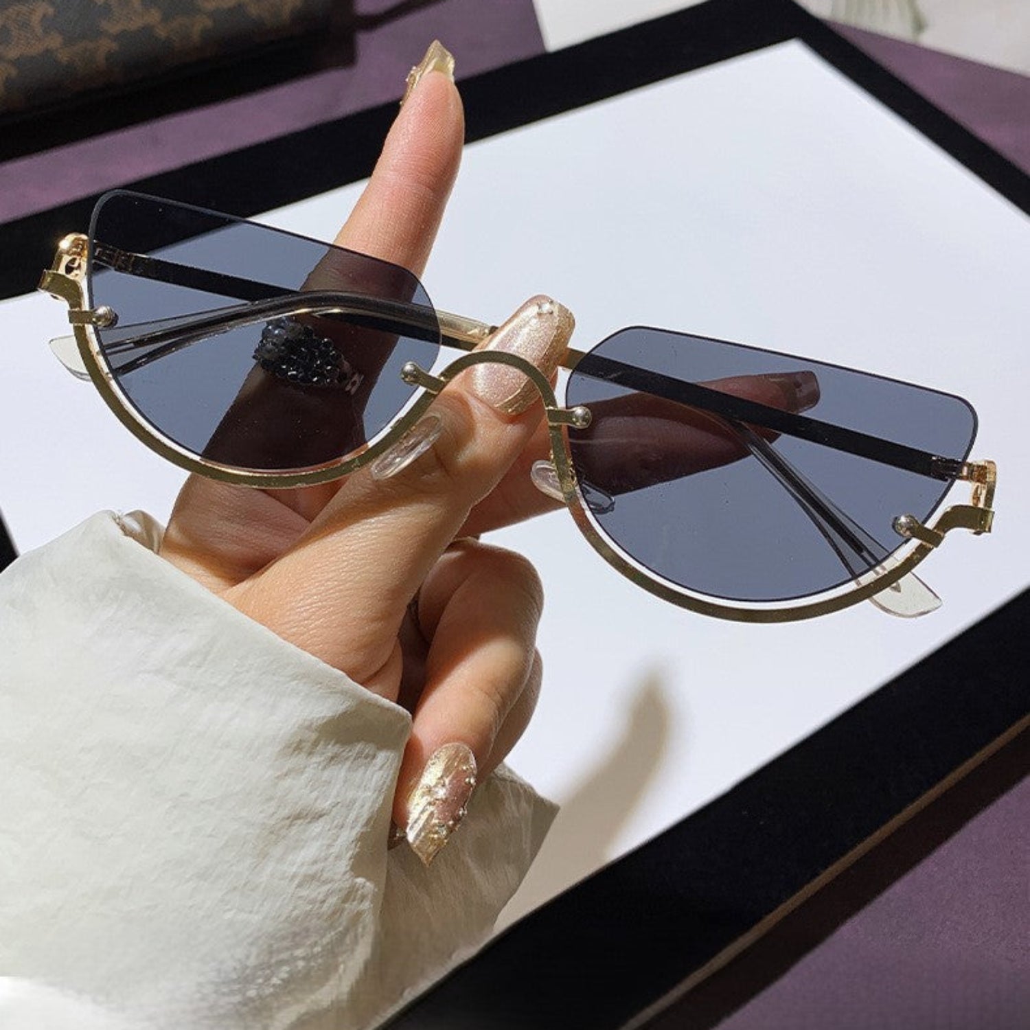 Gold Half-Rim Grey Cat-Eye Sunglasses JLTG0350