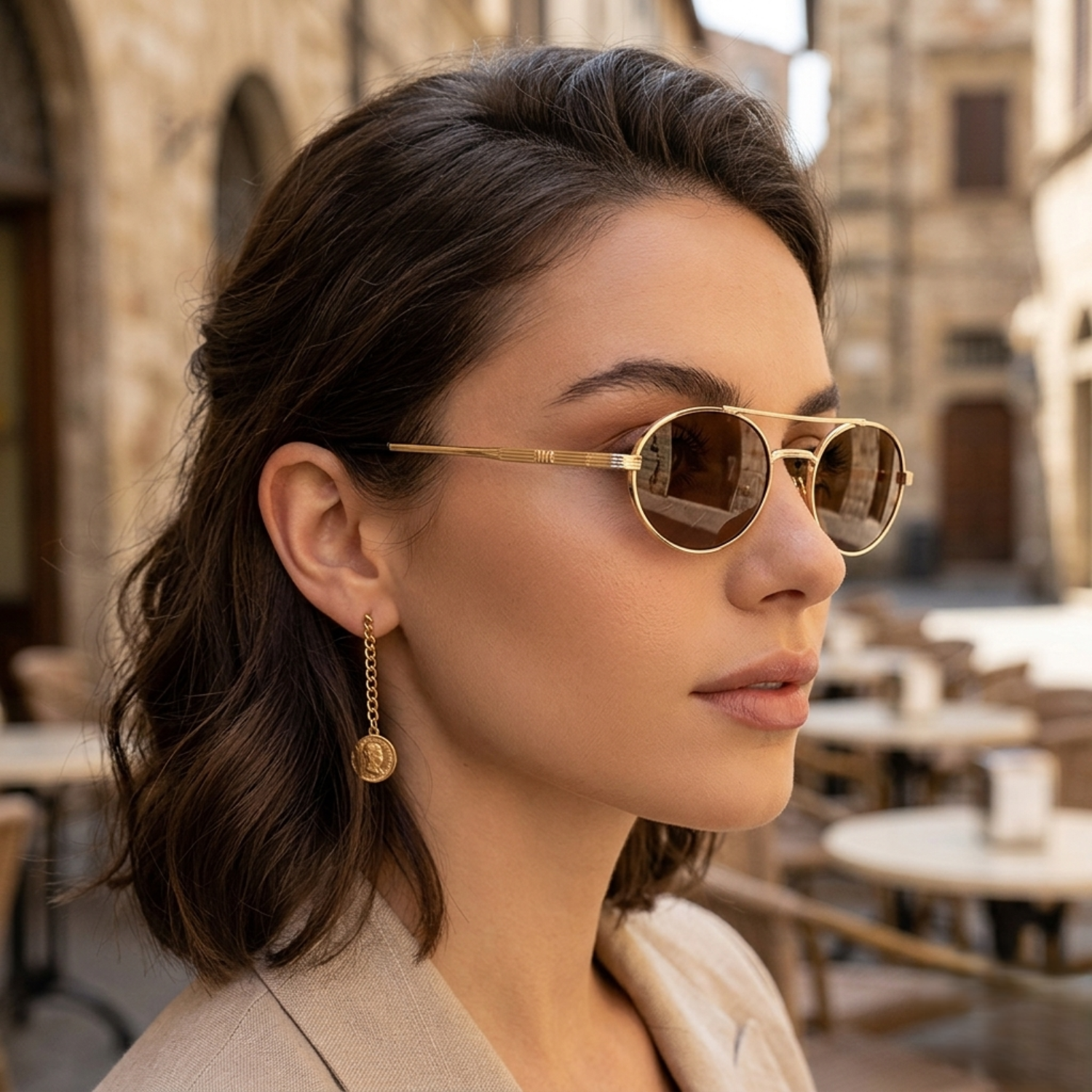 Gold Double Bridge Round Brown Sunglasses JLTG0356