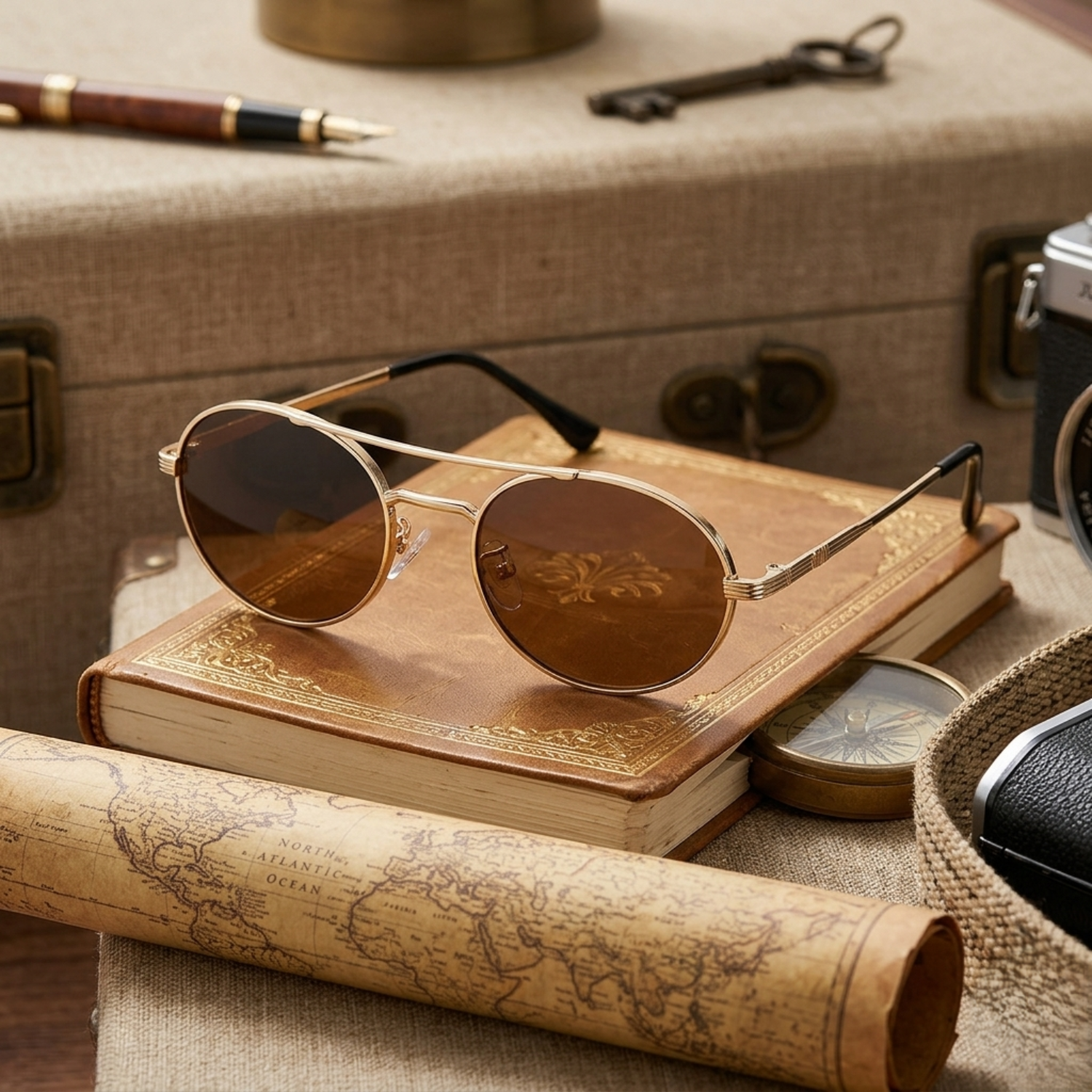 Gold Double Bridge Round Brown Sunglasses JLTG0356