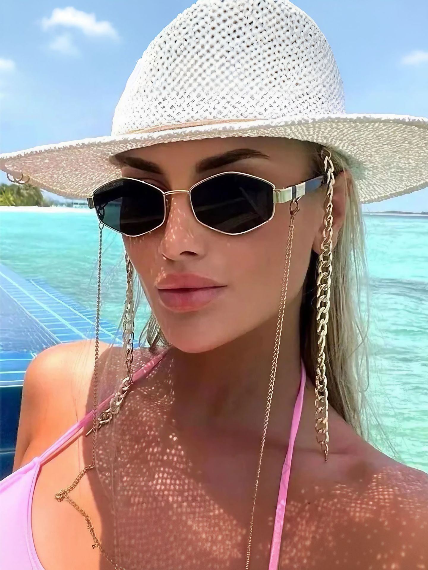 Gold Chain Black Hexagonal Sunglasses JLTG0357