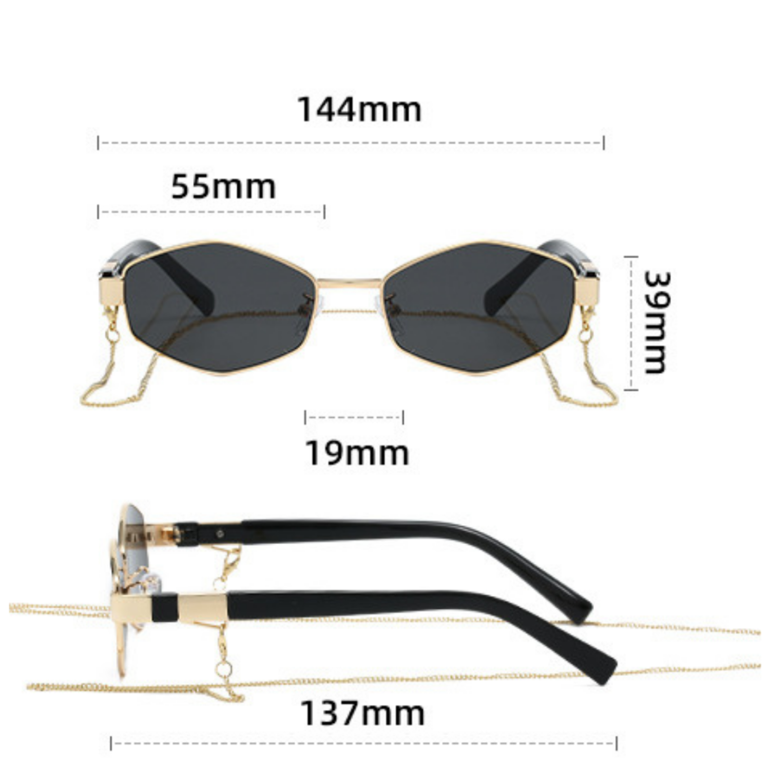Gold Chain Black Hexagonal Sunglasses JLTG0357
