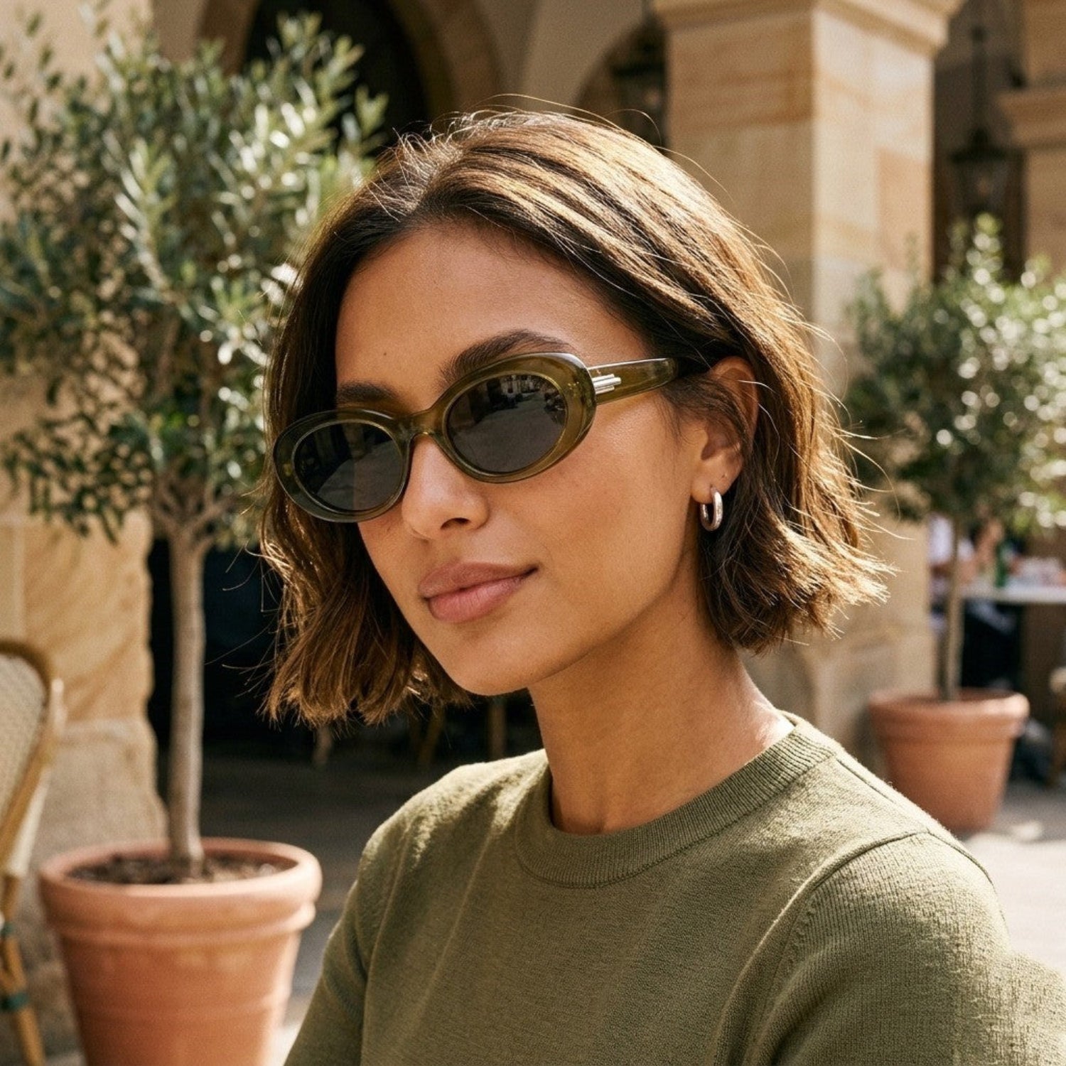Olive Green Oval Retro Chic Sunglasses JLTG0375