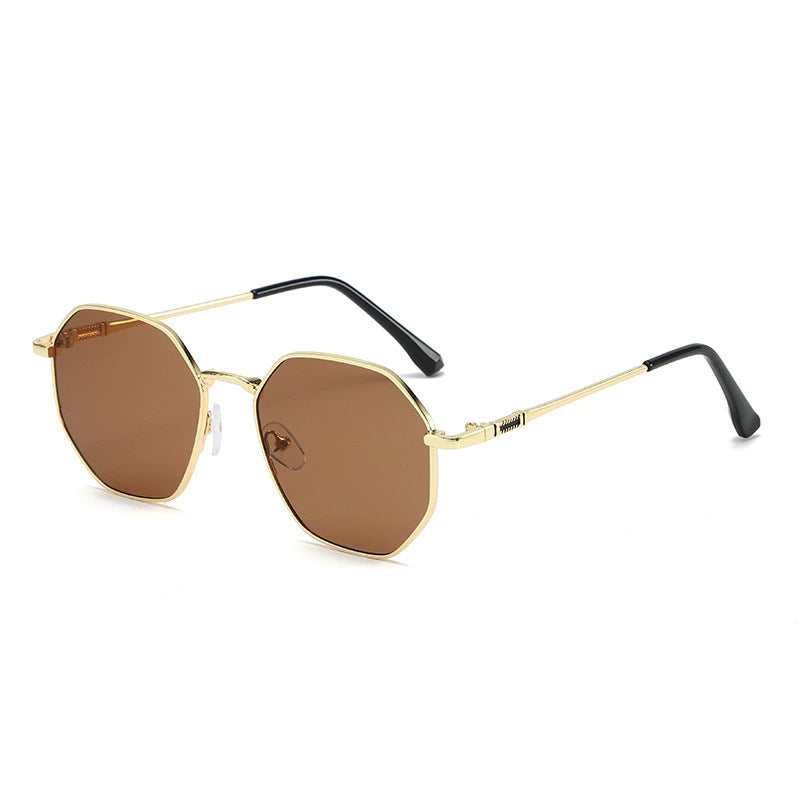 Gold Geometric Hexagon Sunglasses with Brown Lenses JLTG0472