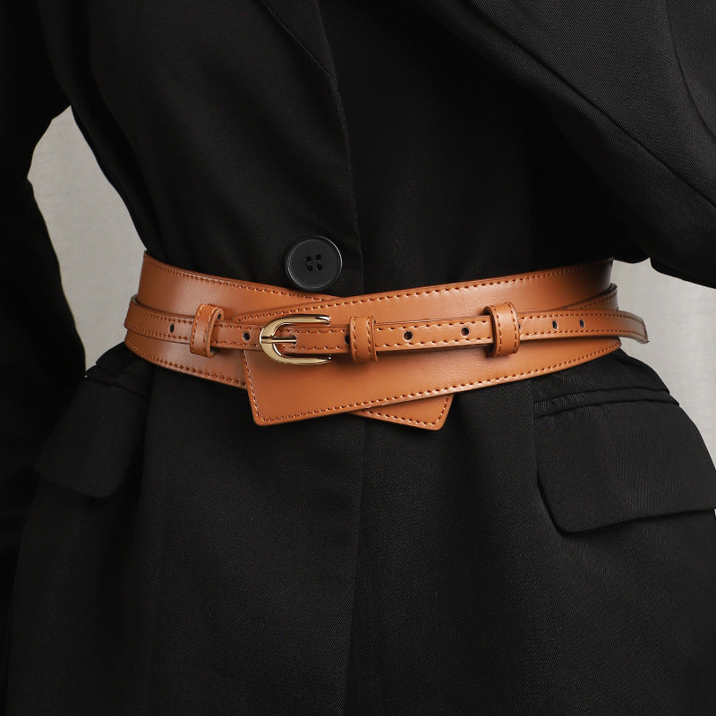 Tan Layered Wide Wrap Belt with Gold Buckle