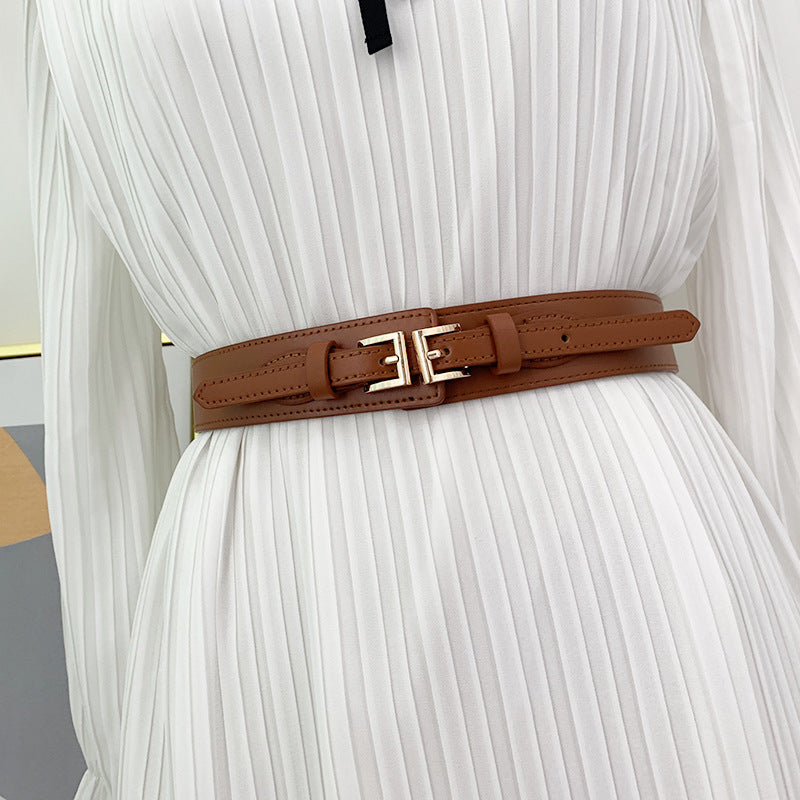Women's wide belt decorated suit with skirt, sweater, coat, elastic waistband