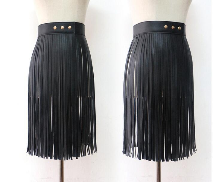 Long Tassel Black Faux Leather Fringe Waist Belt Skirt JLTHB0231