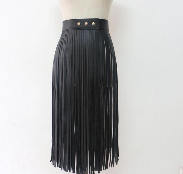 Long Tassel Black Faux Leather Fringe Waist Belt Skirt JLTHB0231