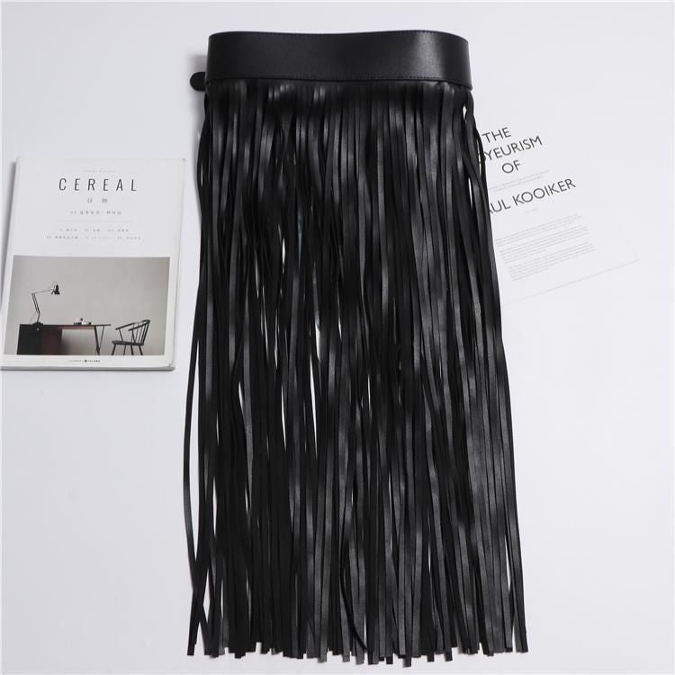 Long PU Leather Tassel Buckle Black Belts JLTHB0232