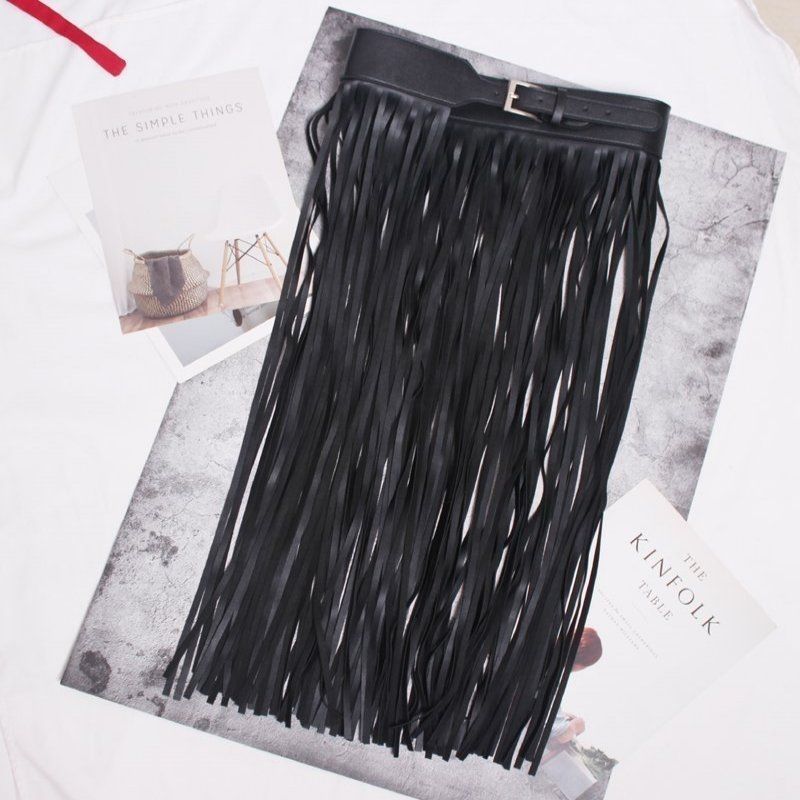Long PU Leather Tassel Buckle Black Belts JLTHB0232