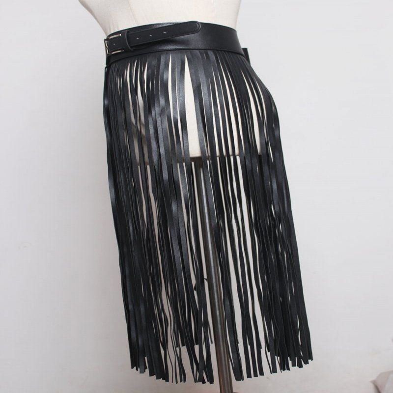 Long PU Leather Tassel Buckle Black Belts JLTHB0232