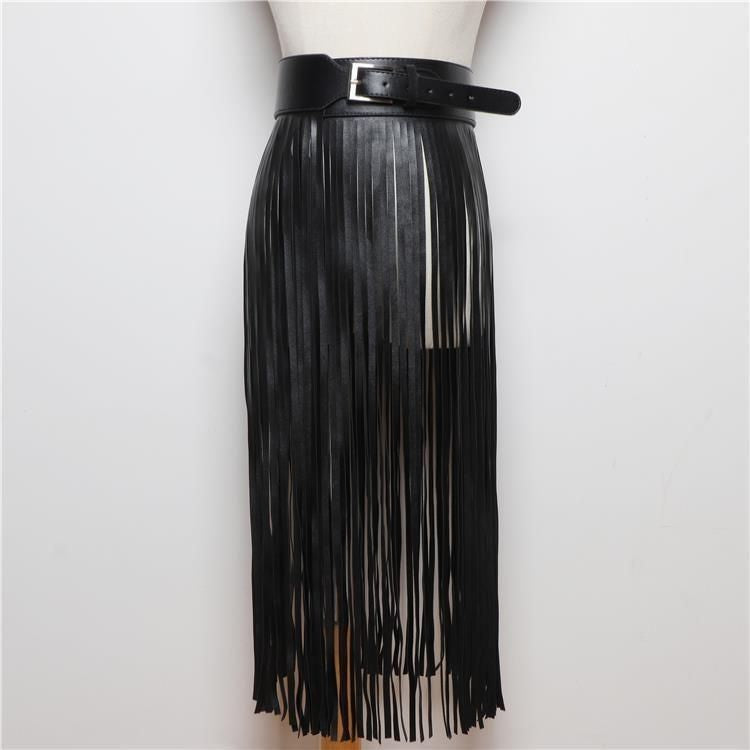 Long PU Leather Tassel Buckle Black Belts JLTHB0232