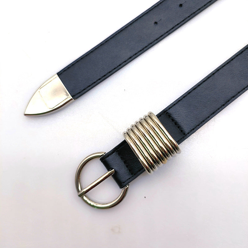 Skinny Leather Black Belt with Silver Coil Detailing JLTHB0233