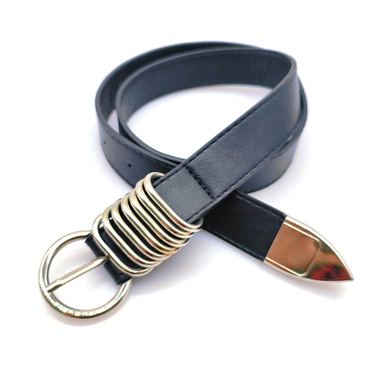 Skinny Leather Black Belt with Silver Coil Detailing JLTHB0233