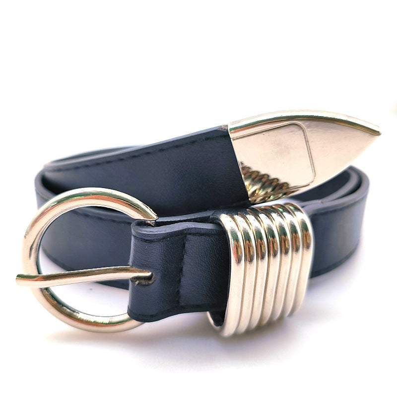 Skinny Leather Black Belt with Silver Coil Detailing JLTHB0233