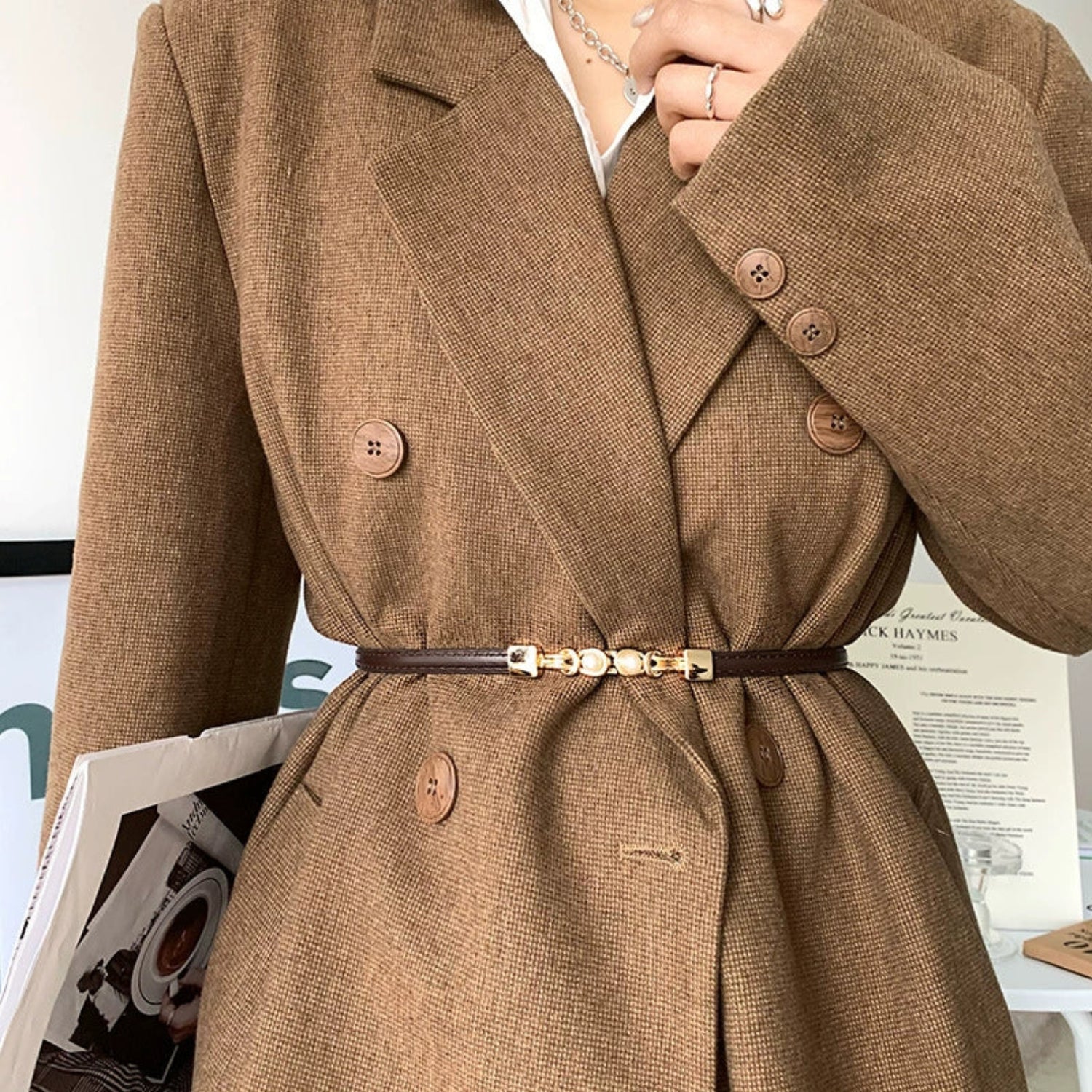 Brown Pearl Detail Skinny Belt JLTHB0280