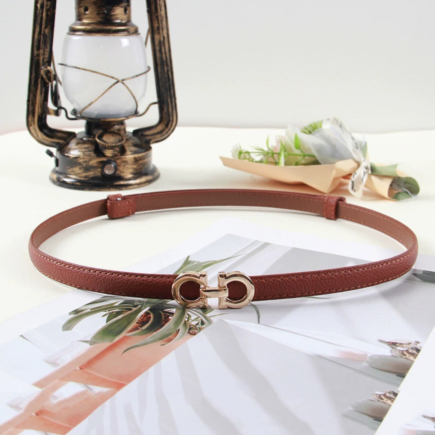 Slim Brown Gancini Buckle Belt JLTHB0287