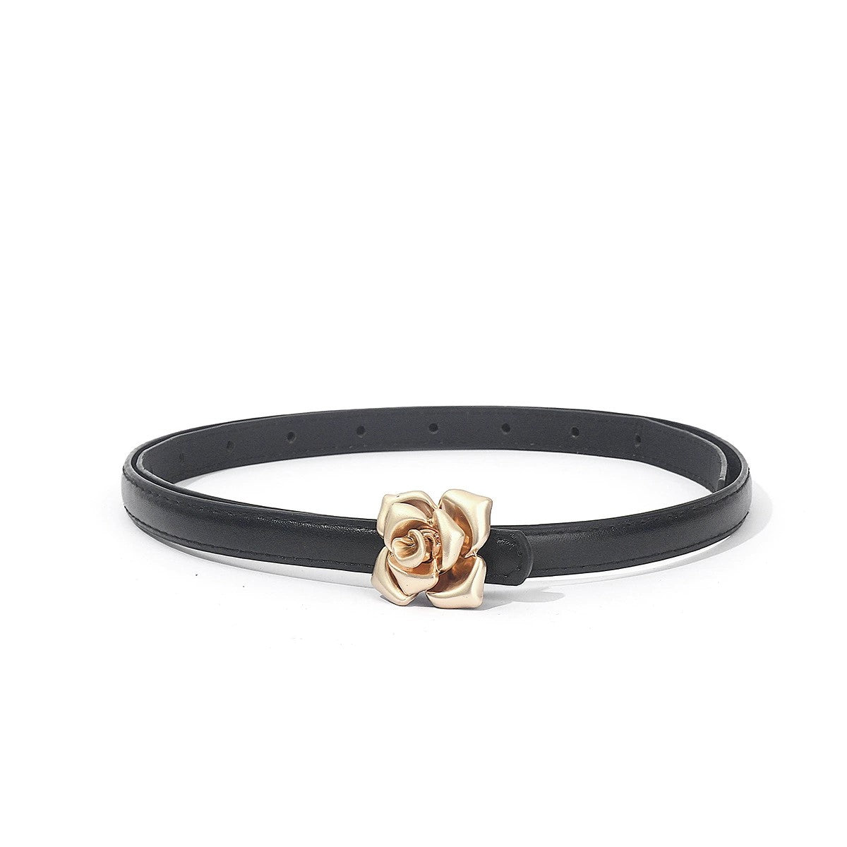 Elegant Gold Rose Skinny Black Belt JLTHB0373