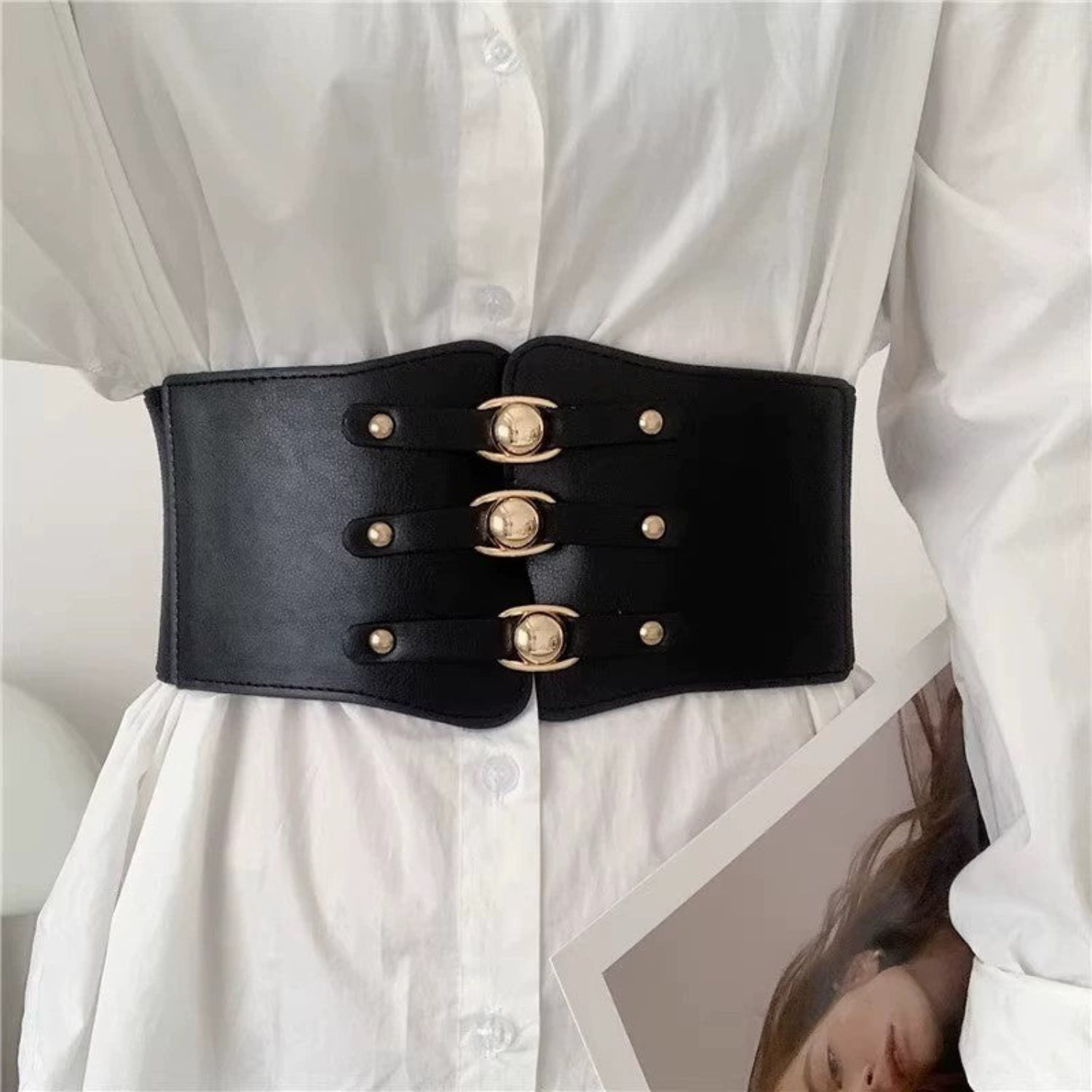 Triple Buckle Wide Elastic Black Belt JLTHB0377