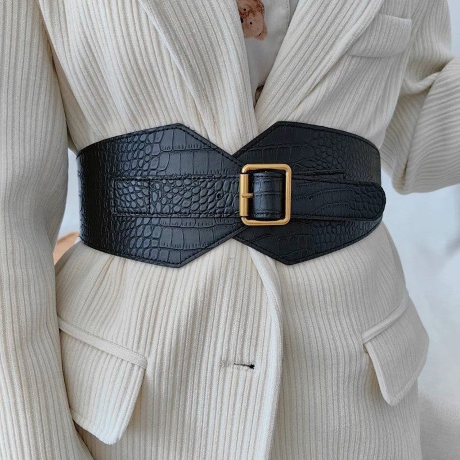 Crocodile Embossed Wide Waist Black Belt JLTHB0383
