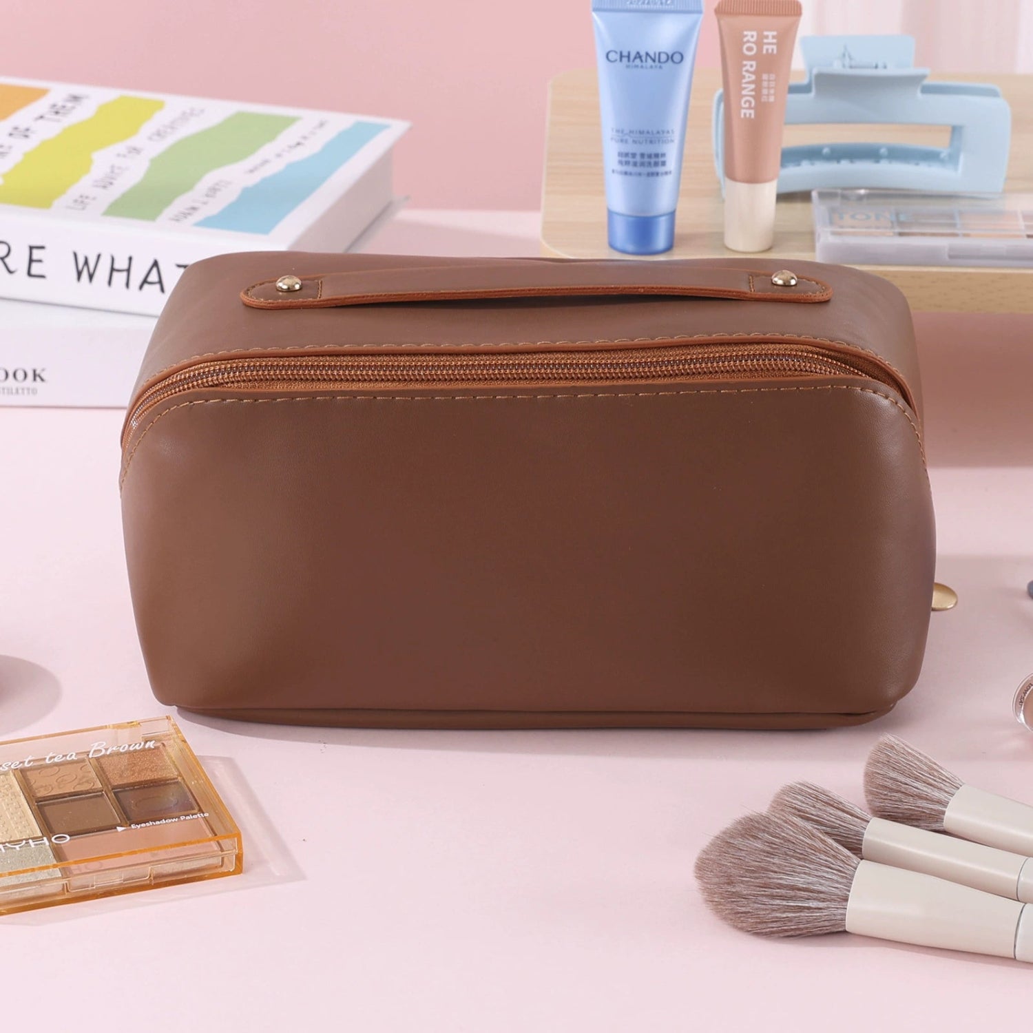 Coffee Brown Leather Multi-Compartment Cosmetic Bag JLTJK0107
