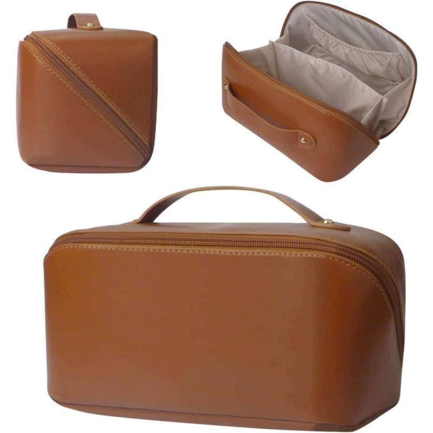 Cider Brown Leather Multi-Compartment Cosmetic Bag JLTJK0108
