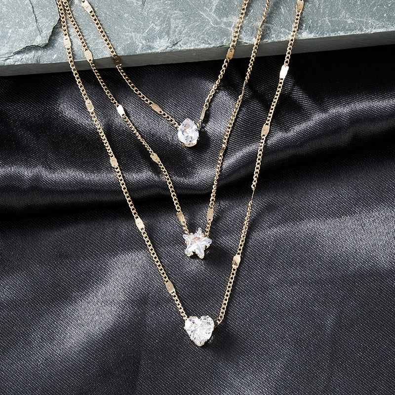 Tri Layer Chain White Star Heart Love Crystal Gold Necklace JLTN1237