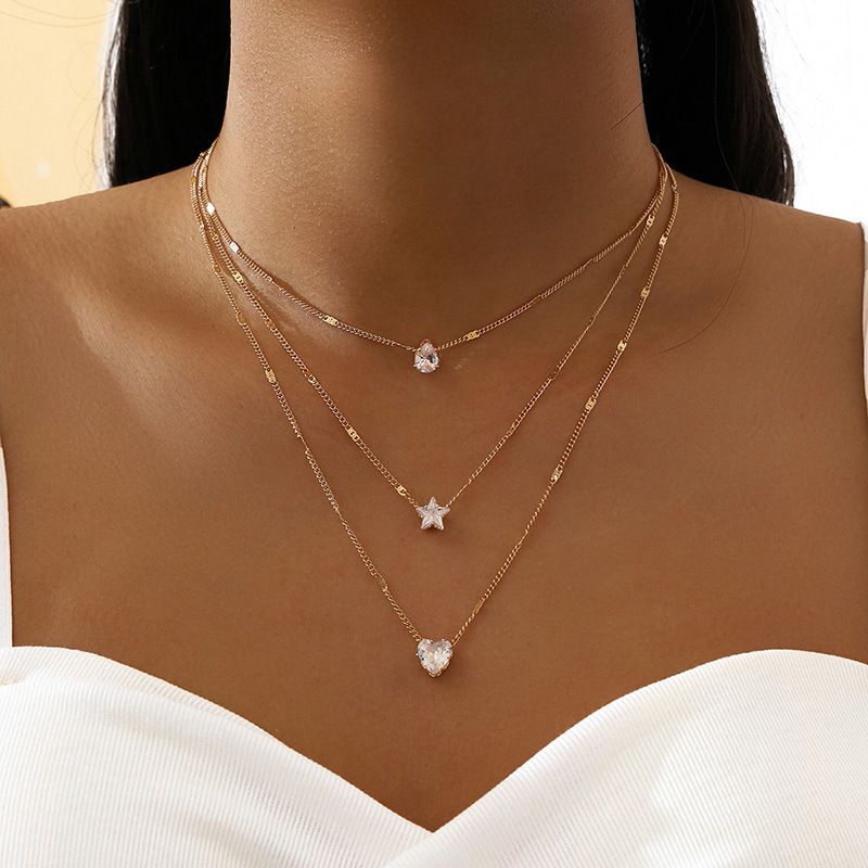 Tri Layer Chain White Star Heart Love Crystal Gold Necklace JLTN1237