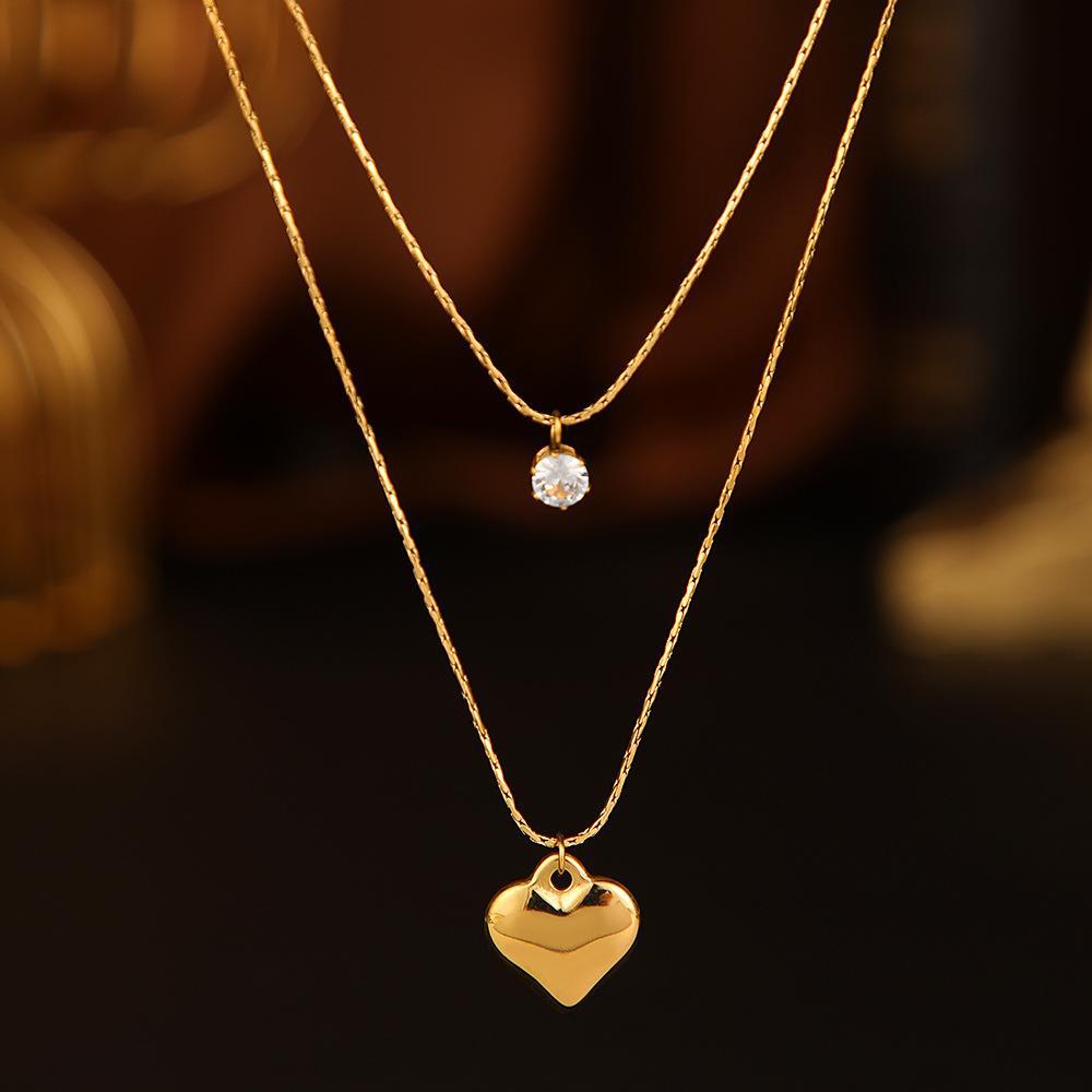Dual-Layer Chain with Heart and Crystal Pendant Necklace JLTN1335