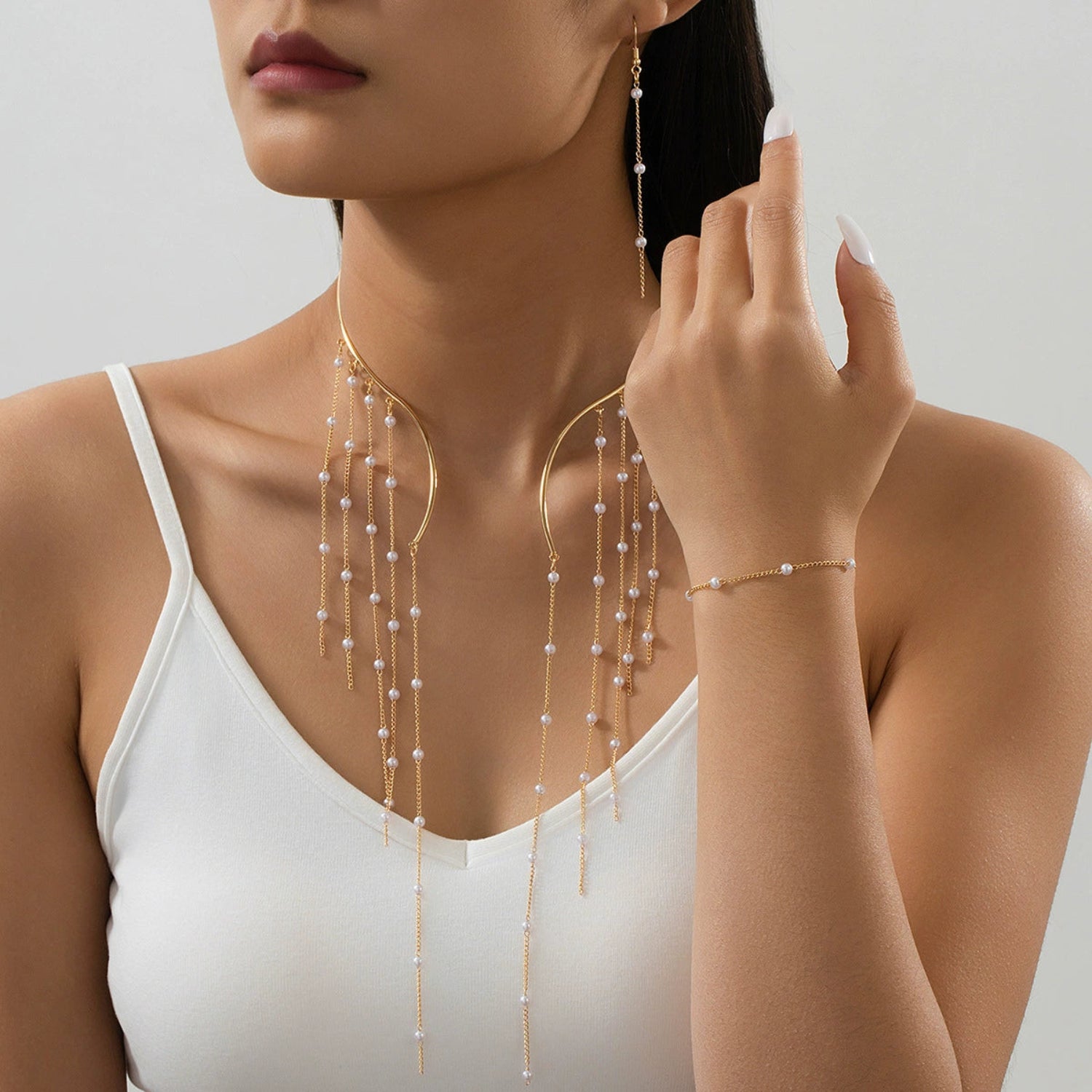 White Beaded Fringe Collar Necklace JLTN1726