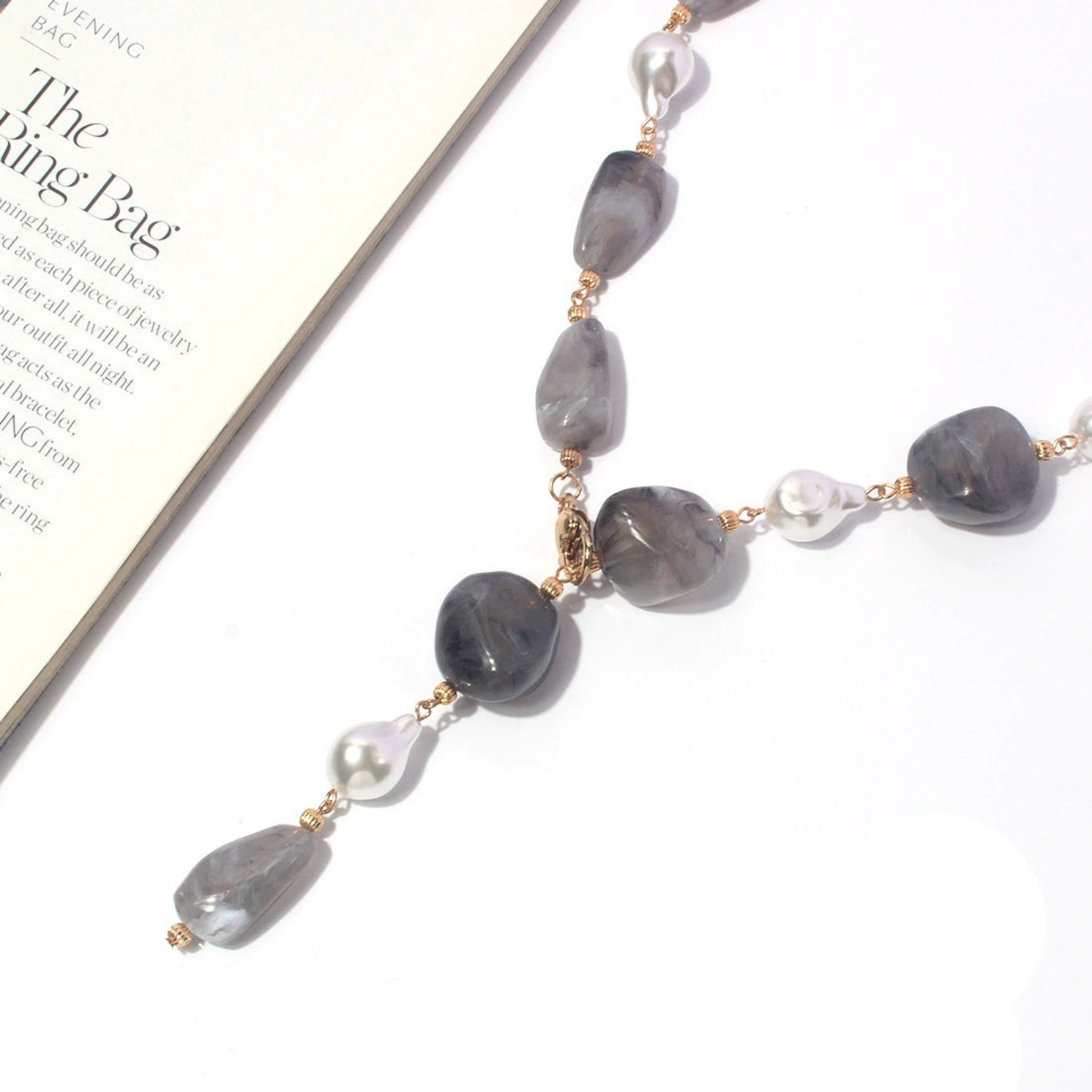Grey Marble and Pearl Lariat JLTN1727