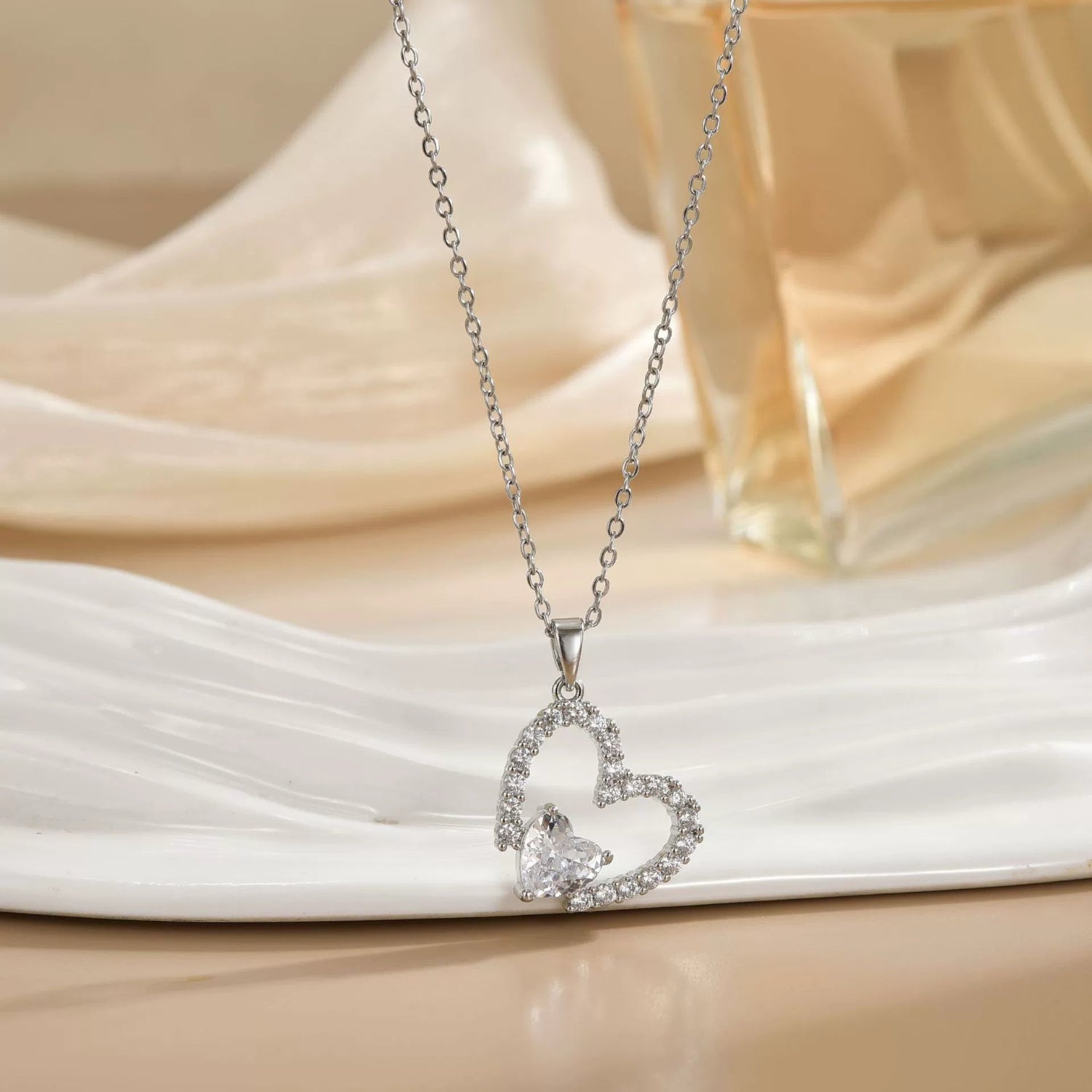Silver Crystal Double Heart Necklace JLTN1740