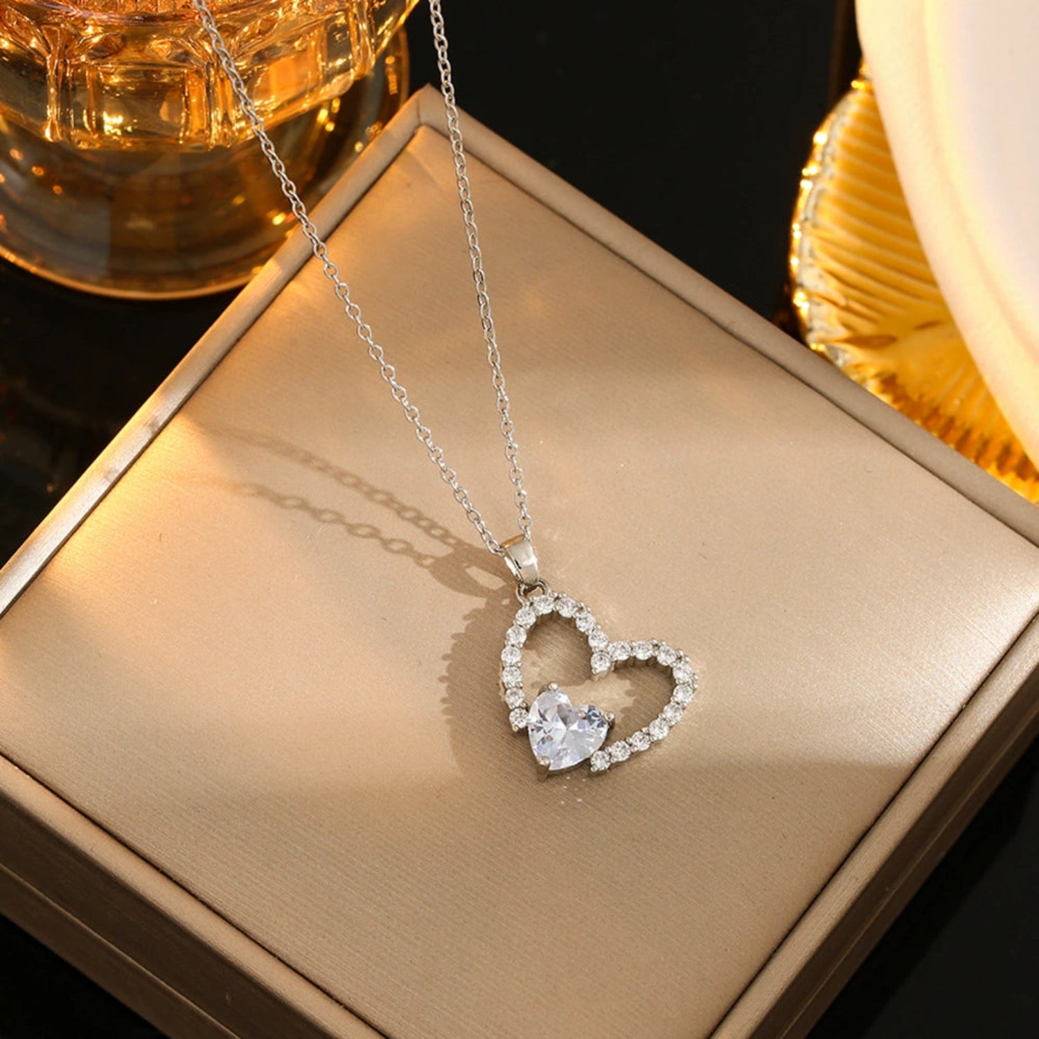 Silver Crystal Double Heart Necklace JLTN1740
